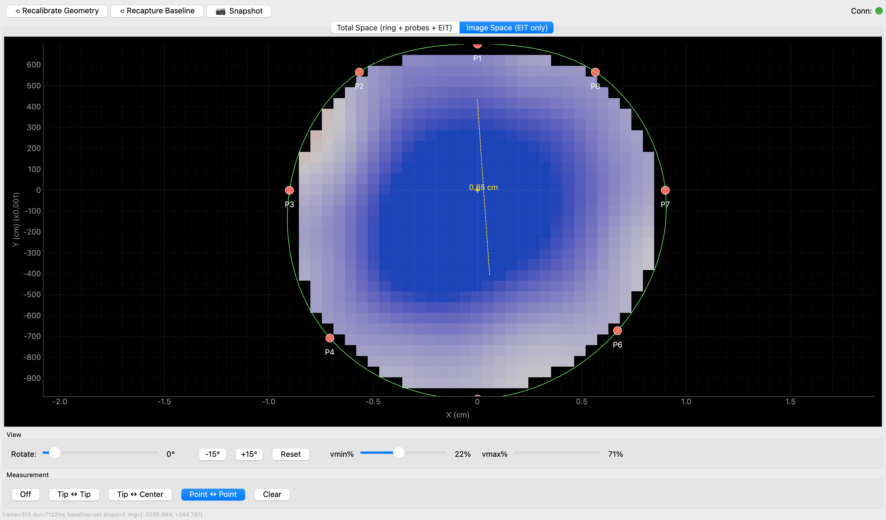 Image-space EIT view with live point-to-point measurement over the reconstruction